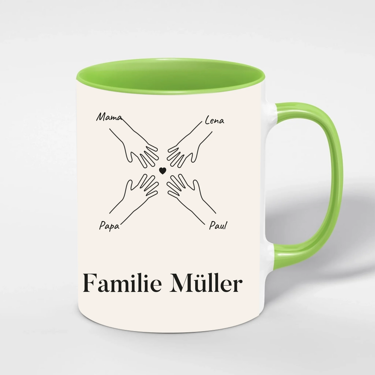 Familienhände Tasse personalisiert – Innenfarbe Grün