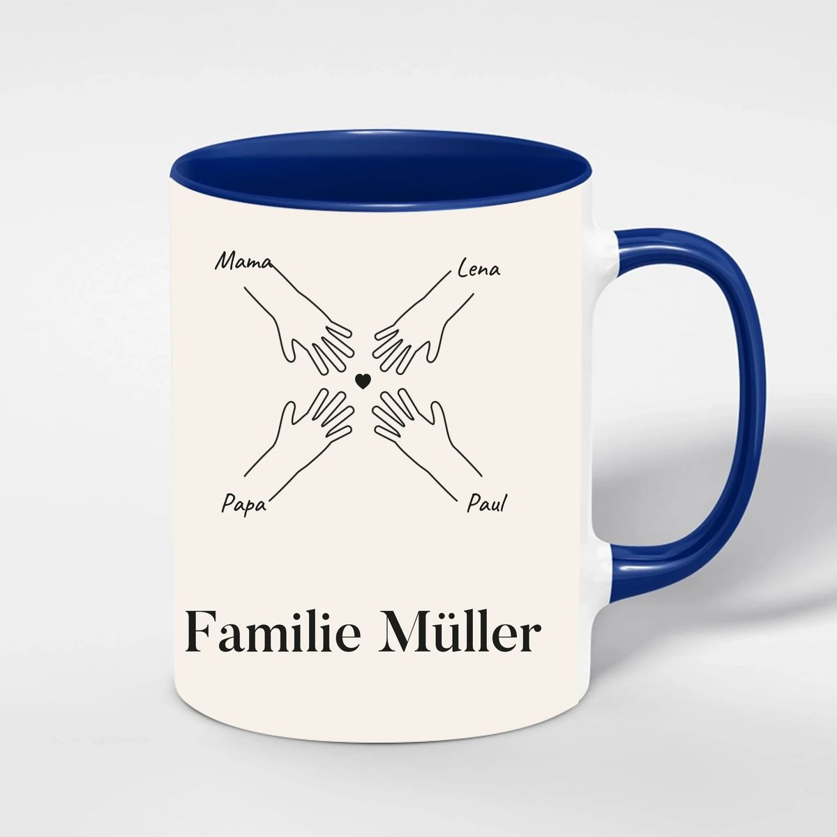 Familienhände Tasse personalisiert – Innenfarbe Blau