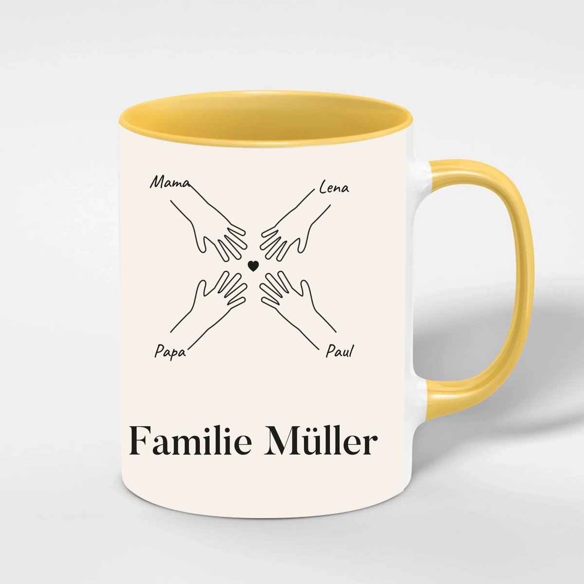Familienhände Tasse personalisiert – Innenfarbe Gelb