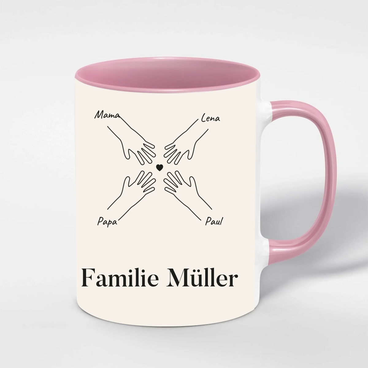 Familienhände Tasse personalisiert – Innenfarbe Rosa