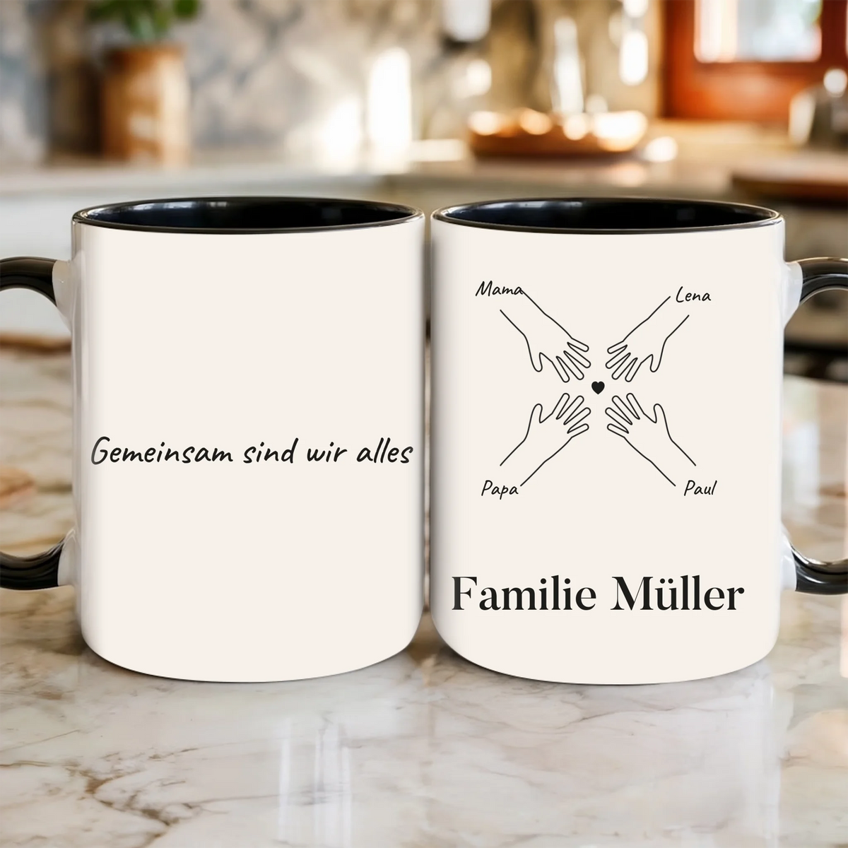 Personalisierte Familienhände Tasse mit Line-Art Händen, Namen und Familienname