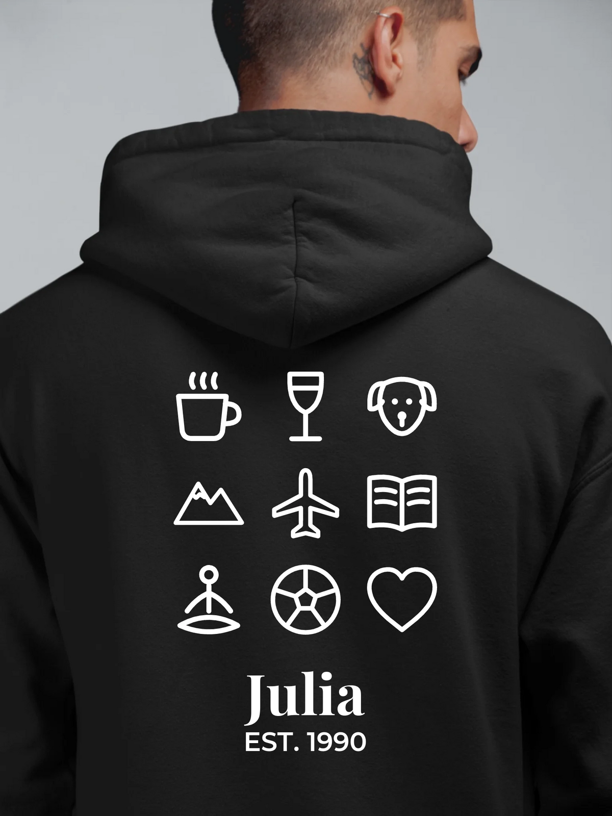 Personalisierter Hoodie mit Icons, Name und EST. Jahr – Rückendruck auf Schwarz