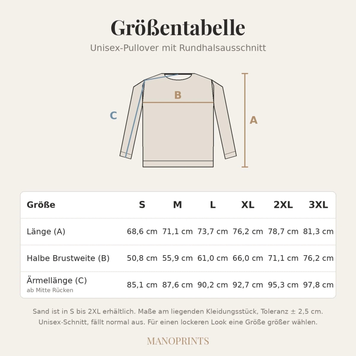 Größentabelle Pullover – Länge, halbe Brustweite und Ärmellänge S bis 3XL