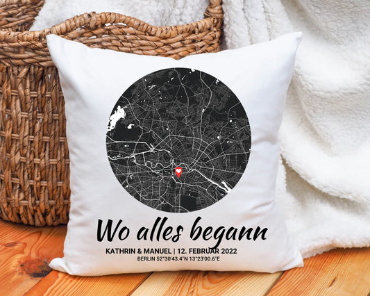 Wo alles begann Kissen personalisiert – Paar-Geschenk mit Koordinaten & Datum