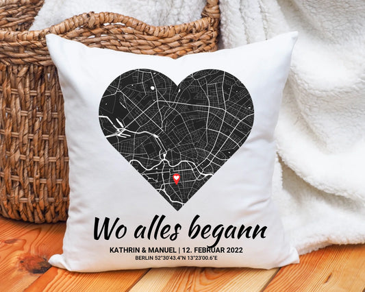 Wo alles begann Kissen personalisiert – Romantisches Paar-Kissen mit Koordinaten & Datum
