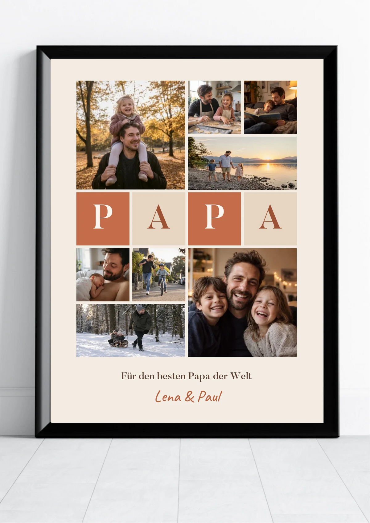 Fotocollage Poster Papa mit 8 Fotos, Buchstaben-Kacheln und Namen in der Nahansicht