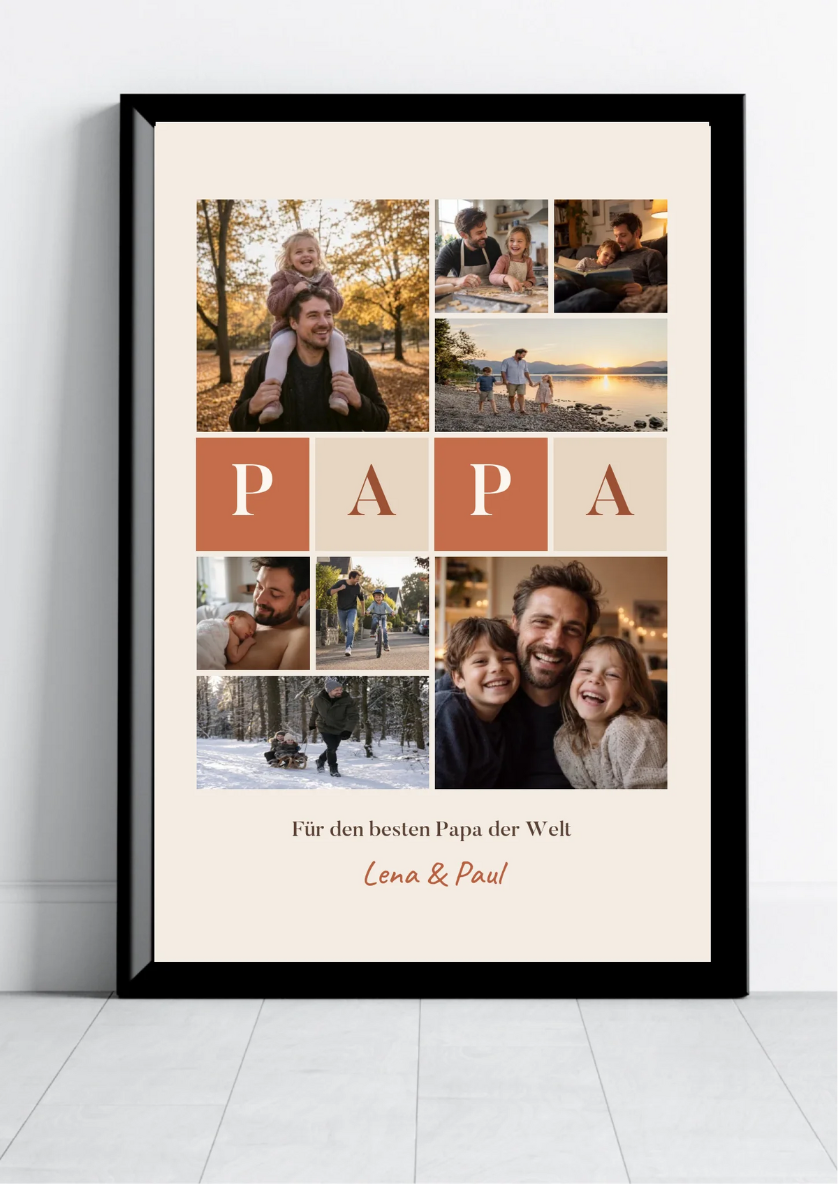 Fotocollage Poster Papa mit 8 Fotos, Buchstaben-Kacheln und Namen im schwarzen Rahmen an die Wand gelehnt