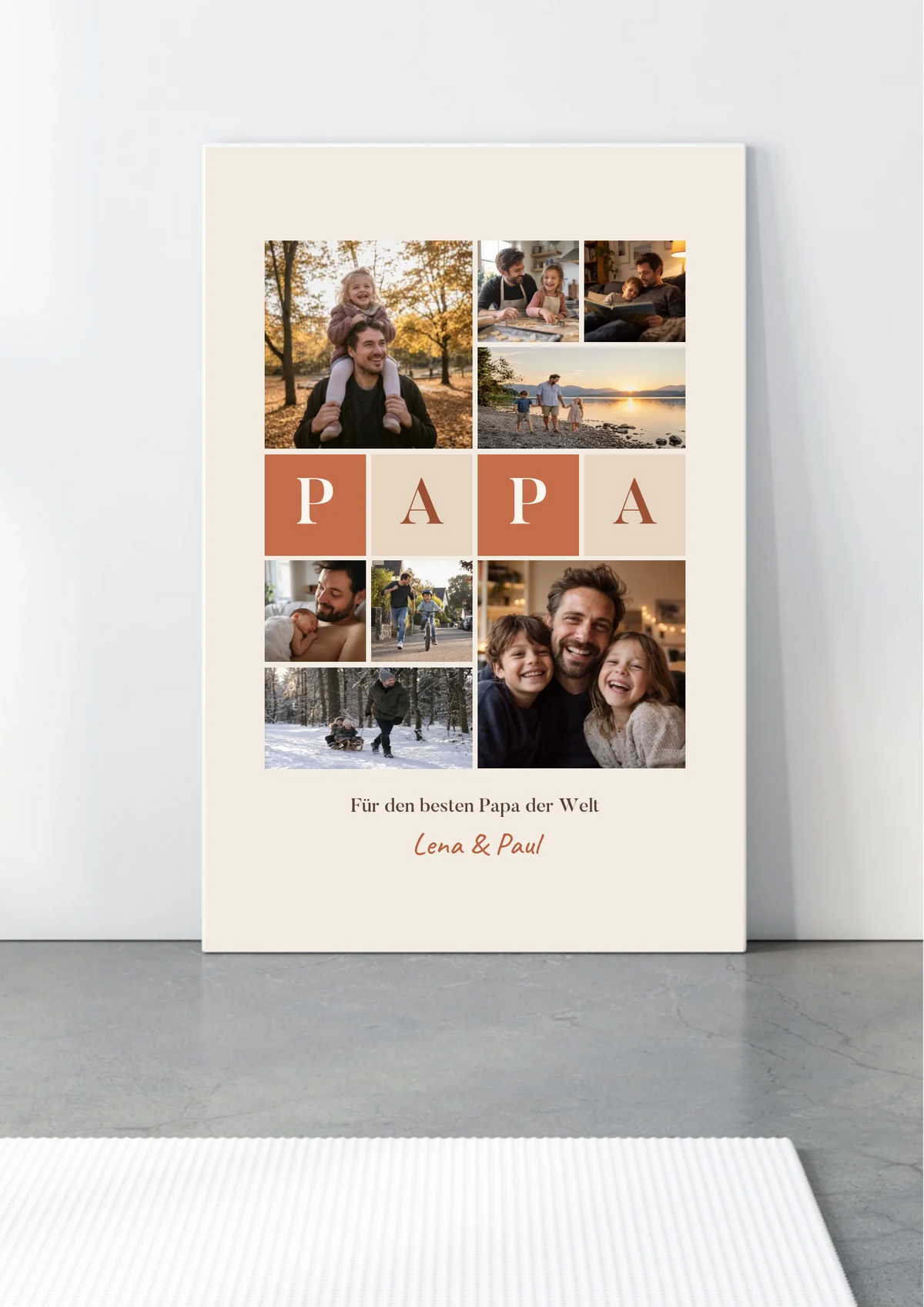 Fotocollage Leinwand Papa mit 8 Fotos, Buchstaben-Kacheln und Namen – Leinwand auf Holz-Keilrahmen