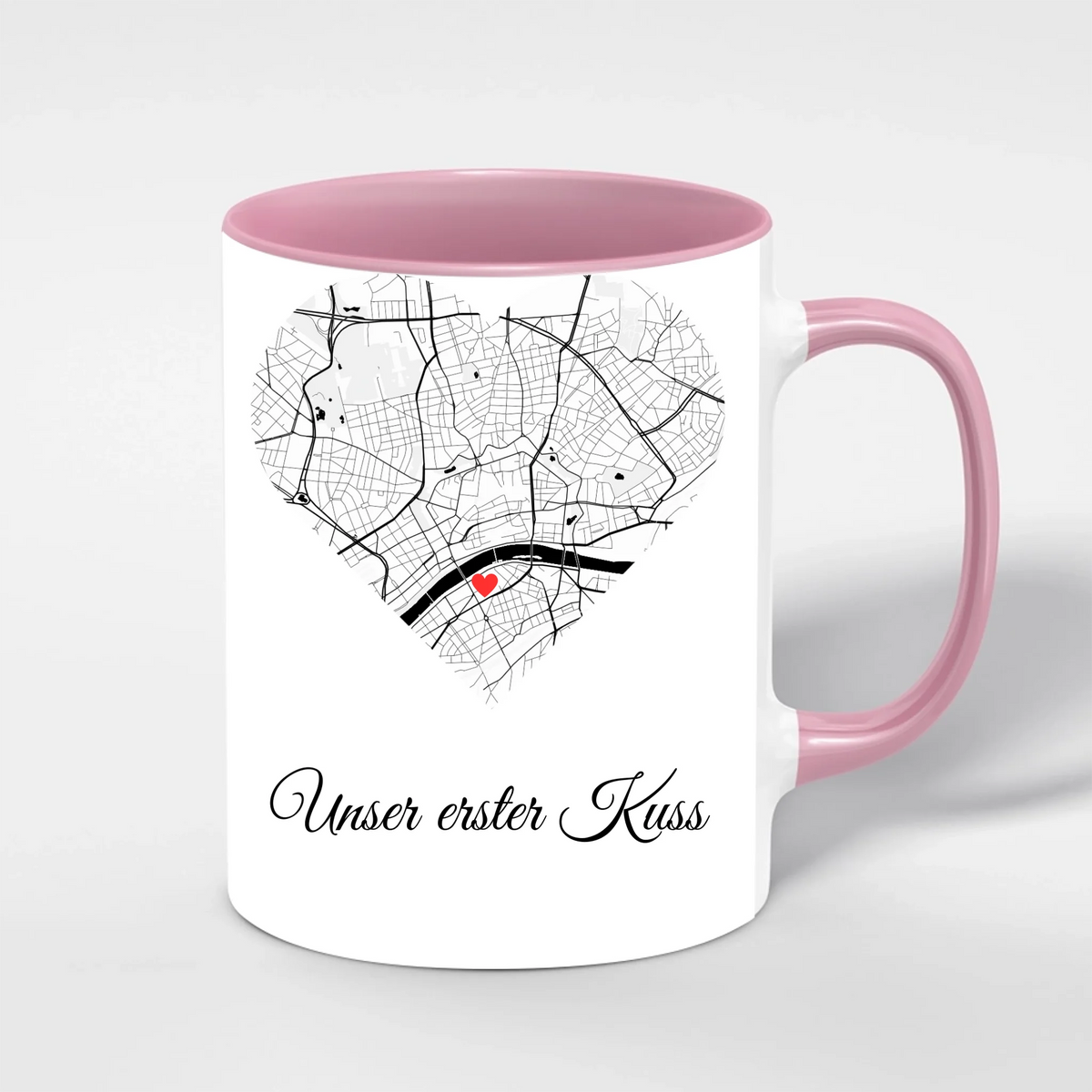 Unser erster Kuss Tasse personalisiert – Innenfarbe Rosa