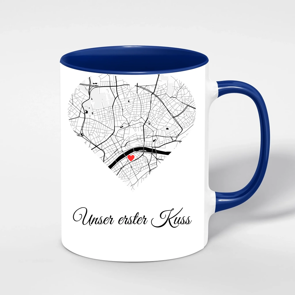Unser erster Kuss Tasse personalisiert – Innenfarbe Blau