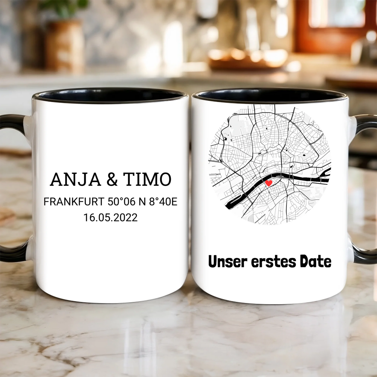 Personalisierte Tasse Unser erstes Date mit Stadtkarte, Namen und Datum