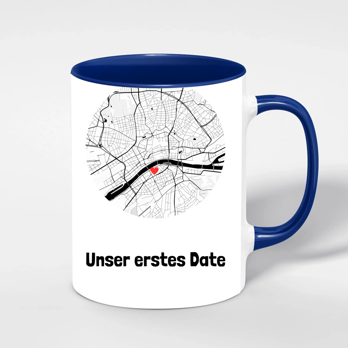 Unser erstes Date Tasse personalisiert – Innenfarbe Blau