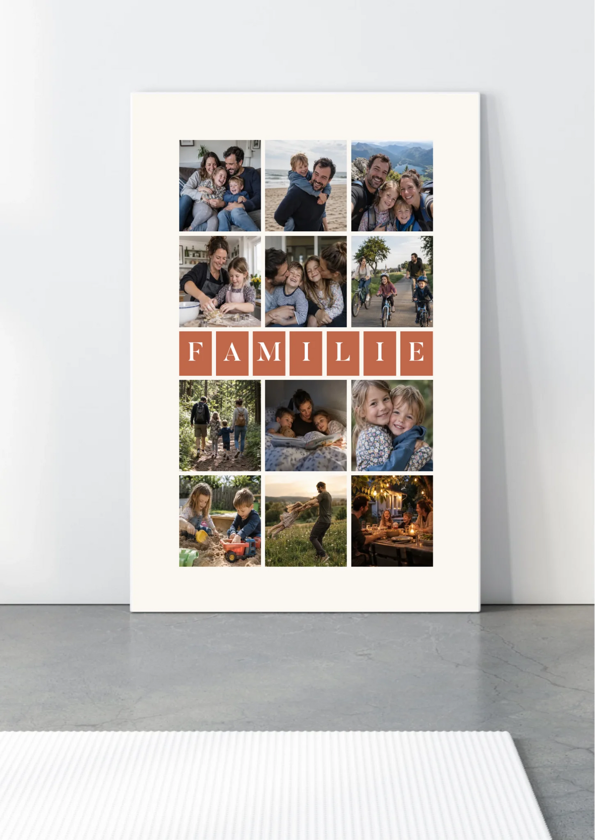 Fotocollage Leinwand mit Wunschwort in Buchstaben-Kacheln und Familienfotos