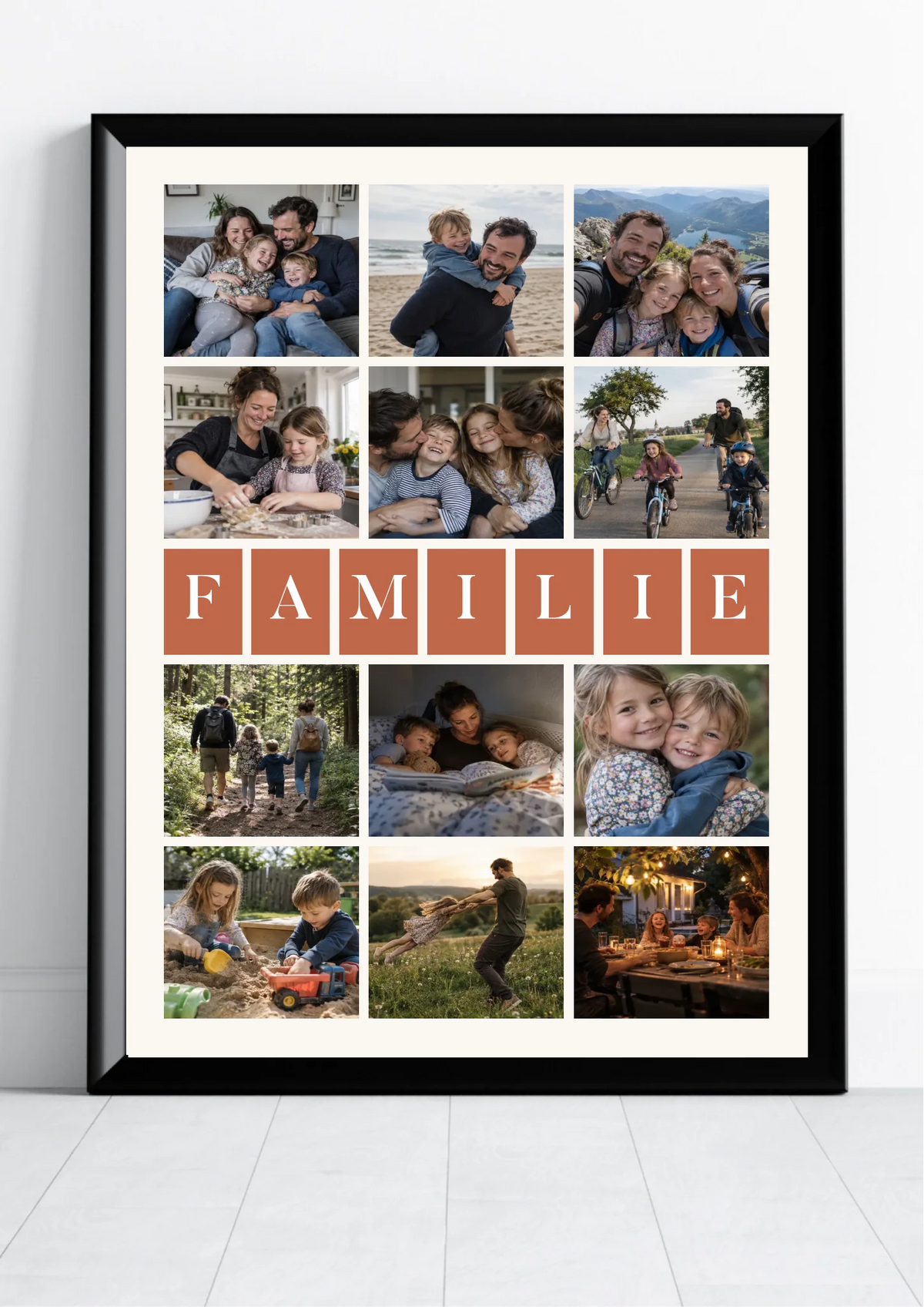 Personalisiertes Wort-Collage Poster mit Familienfotos und Buchstaben-Kacheln in Terrakotta