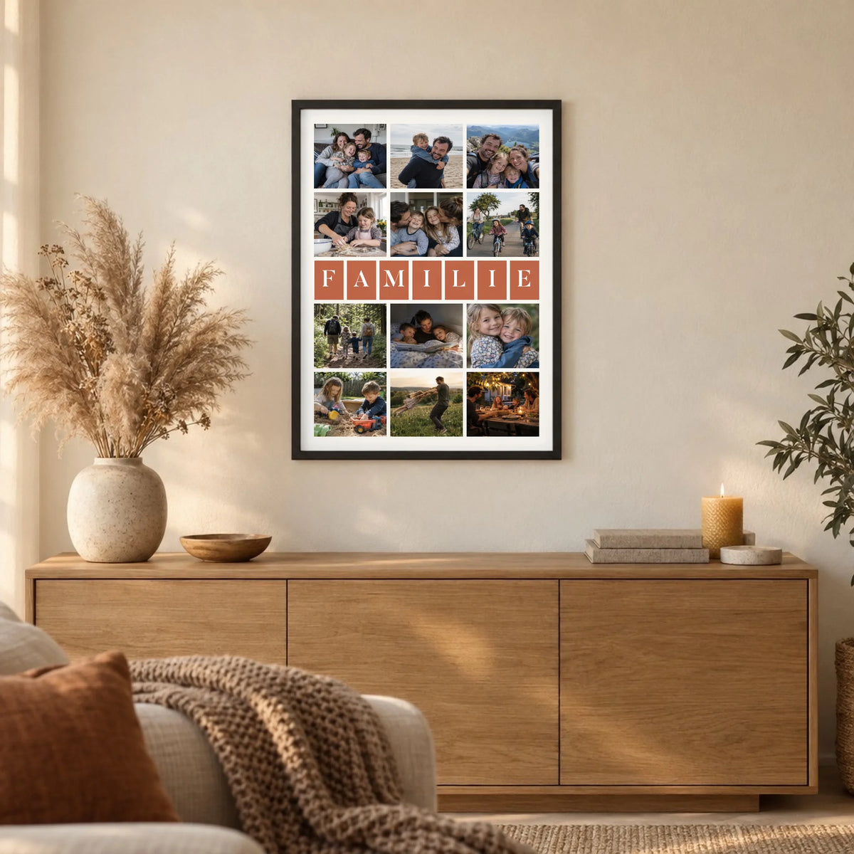 Gerahmtes Fotocollage Poster FAMILIE im Wohnzimmer über dem Sideboard