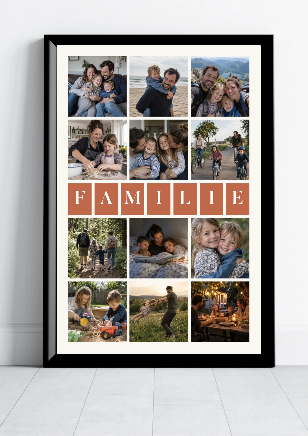 Wort-Collage Poster personalisiert mit 12 Fotos und dem Wort FAMILIE in Buchstaben-Kacheln