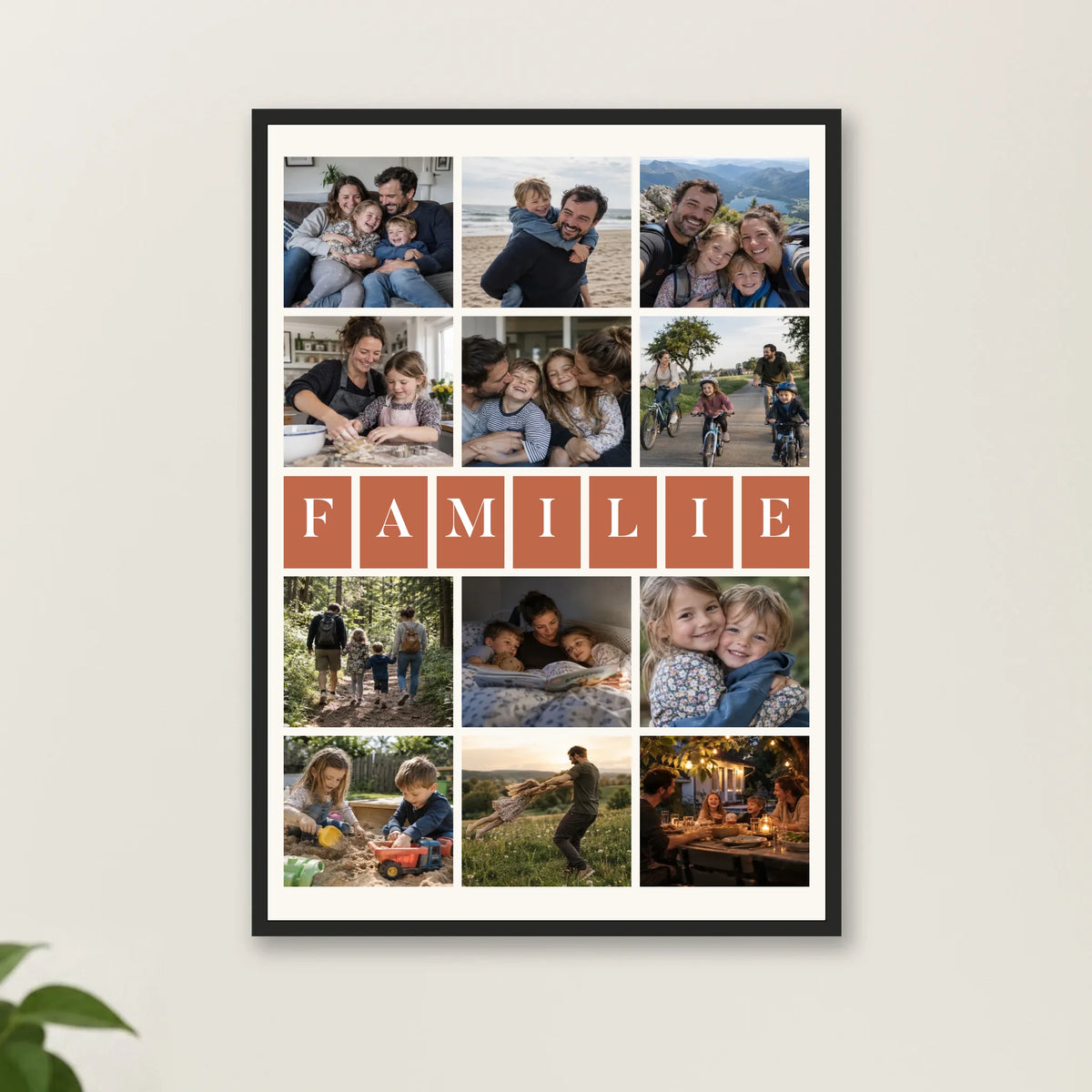 Wort-Collage Poster im schwarzen Rahmen mit Familienfotos und Wunschwort