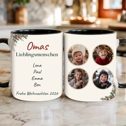 Lieblingsmenschen Tasse für Oma mit Enkel-Fotos und Namen – Vorder- und Rückseite der Tasse in der Küche