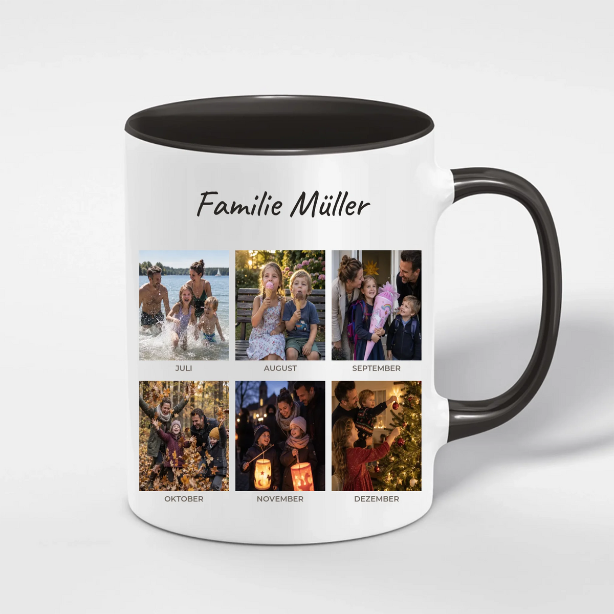 Unser Jahr 2026 Tasse personalisiert mit 12 Monatsfotos und Familienname – Henkel und Innenseite in Schwarz