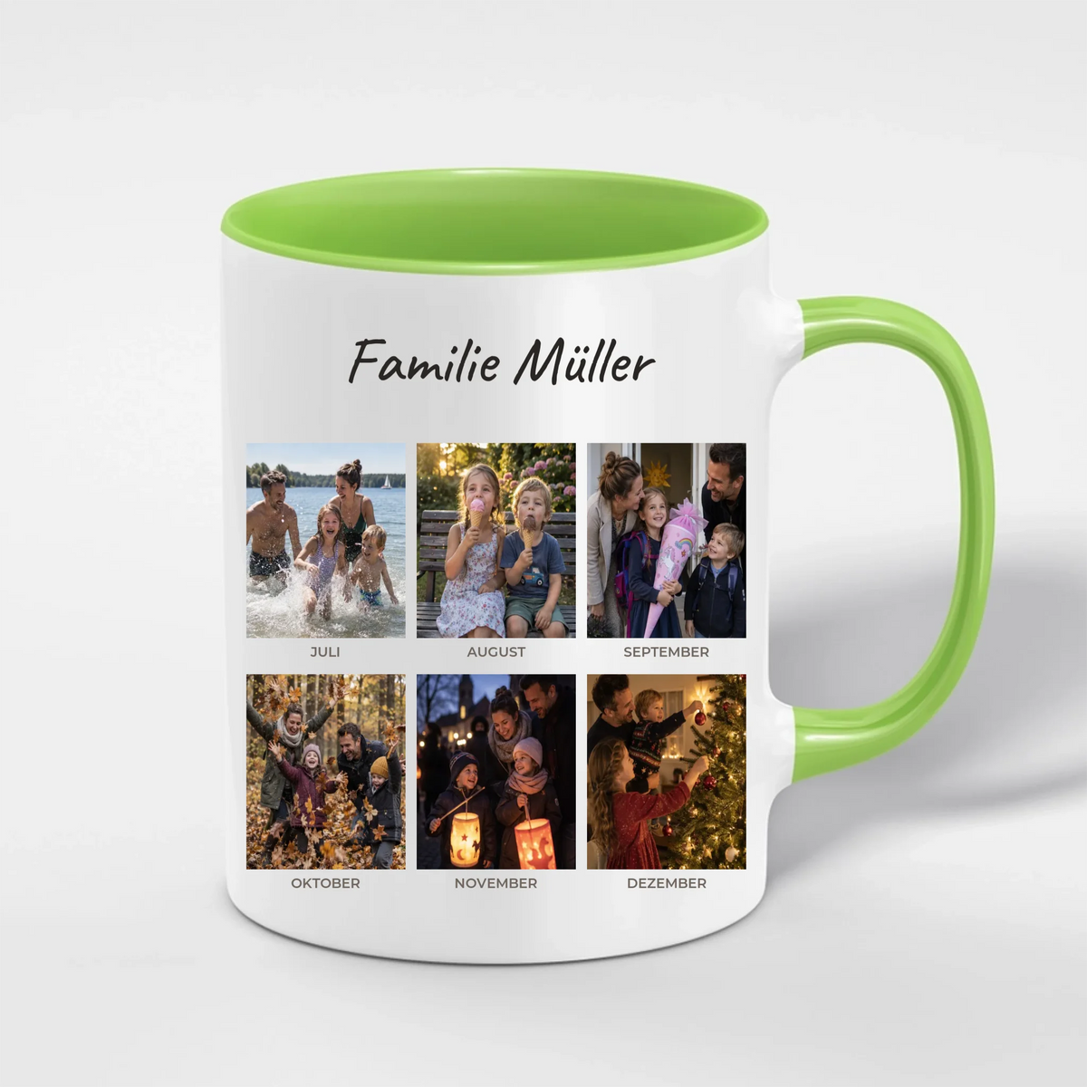 Unser Jahr 2026 Tasse personalisiert mit 12 Monatsfotos und Familienname – Henkel und Innenseite in Grün