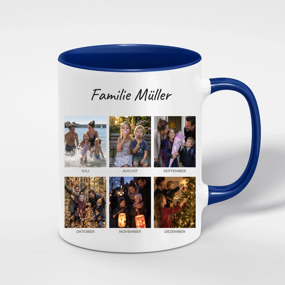 Unser Jahr 2026 Tasse personalisiert mit 12 Monatsfotos und Familienname – Henkel und Innenseite in Blau