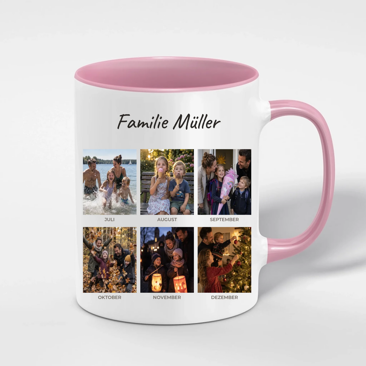 Unser Jahr 2026 Tasse personalisiert mit 12 Monatsfotos und Familienname – Henkel und Innenseite in Pink