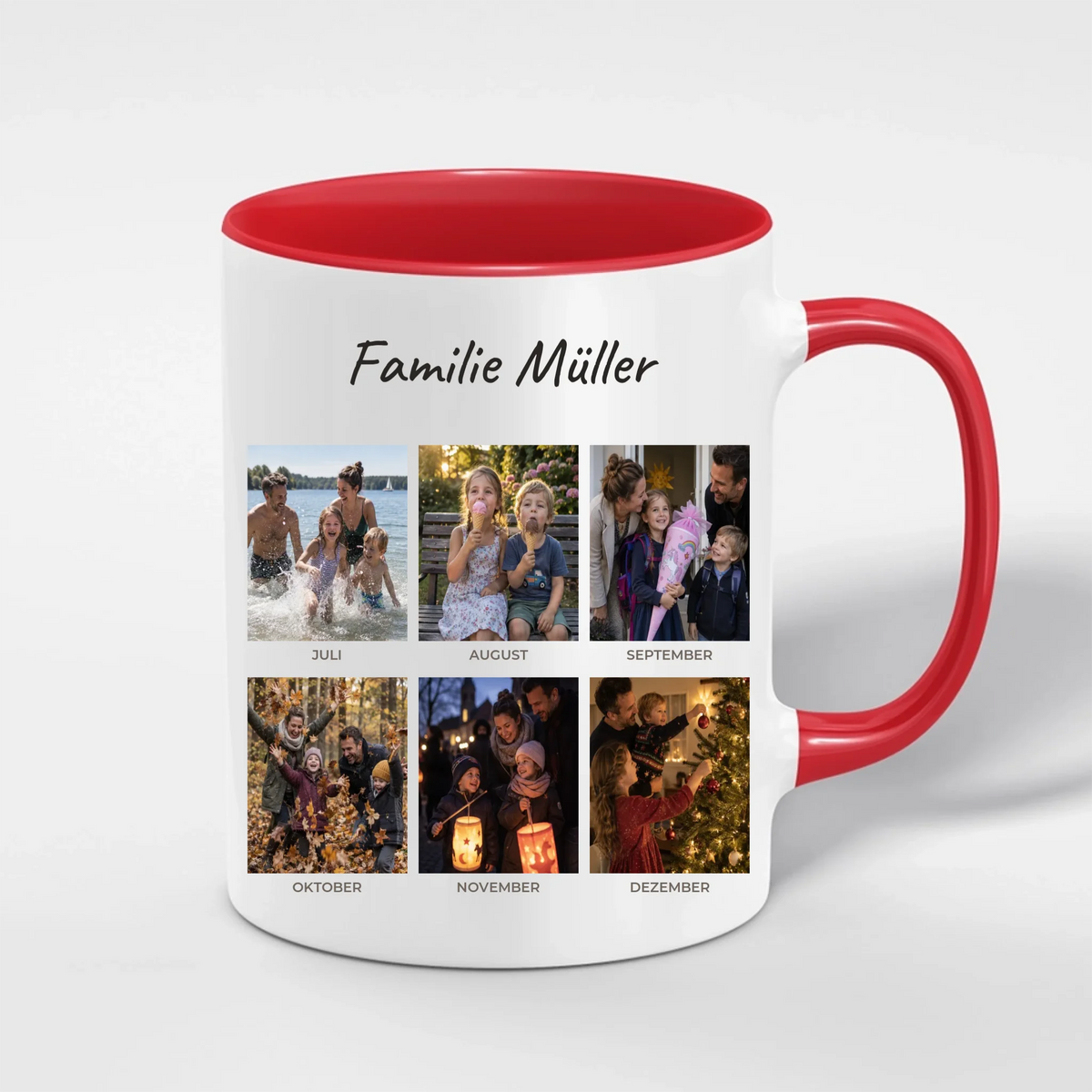 Unser Jahr 2026 Tasse personalisiert mit 12 Monatsfotos und Familienname – Henkel und Innenseite in Rot