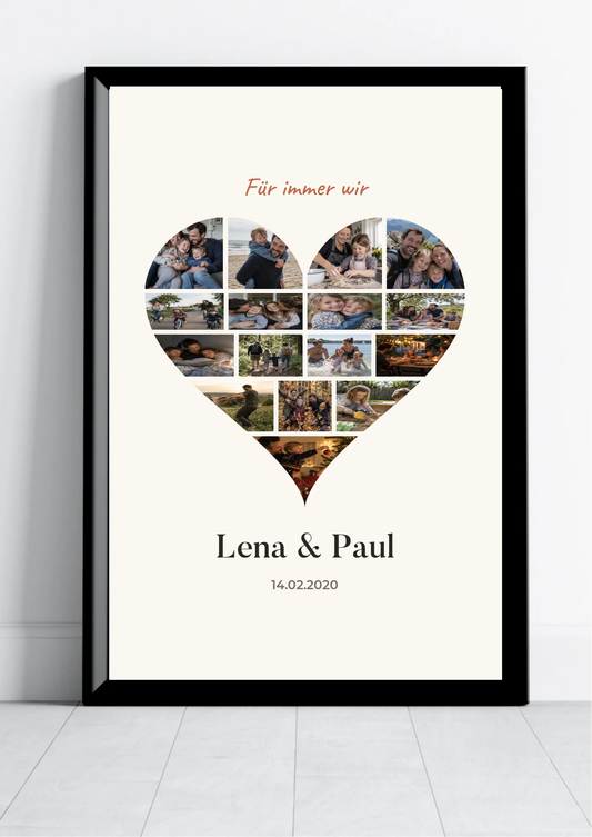 Herz-Collage Poster personalisiert mit 16 Fotos in Herzform, Namen und Datum