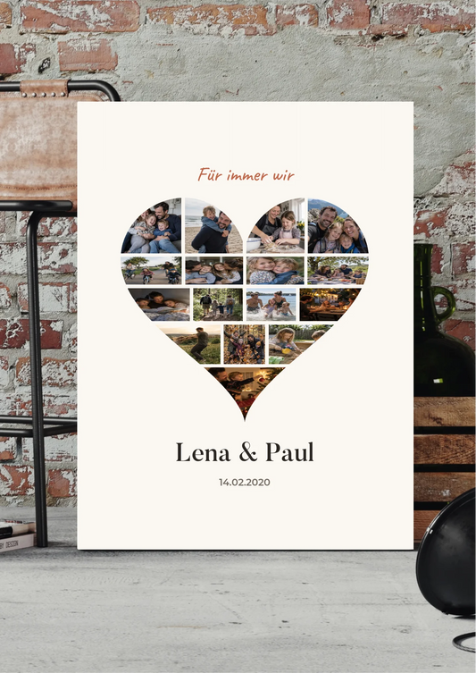 Herz-Collage Leinwand personalisiert mit Fotos in Herzform, Namen und Datum – an der Wand