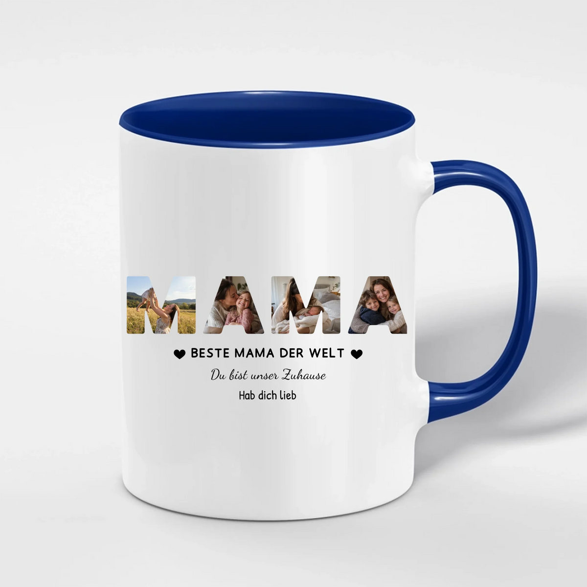 Mama Tasse mit 4 Fotos personalisiert – MAMA Fototasse mit Spruch und Grußzeile – Henkel und Innenseite in Blau