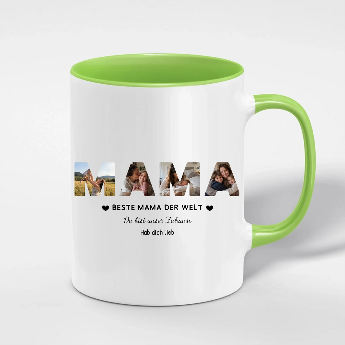 Mama Tasse mit 4 Fotos personalisiert – MAMA Fototasse mit Spruch und Grußzeile – Henkel und Innenseite in Grün