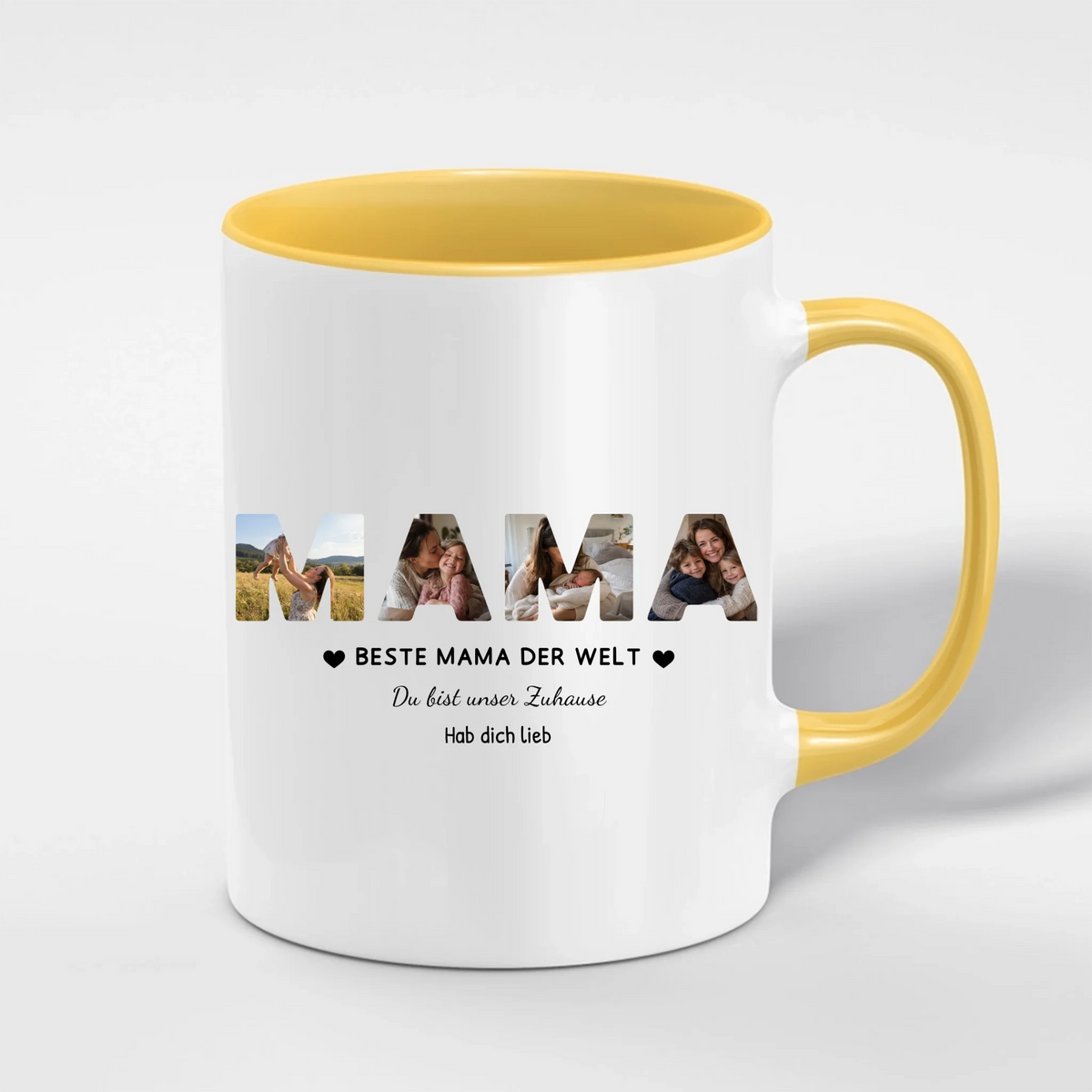 Mama Tasse mit 4 Fotos personalisiert – MAMA Fototasse mit Spruch und Grußzeile – Henkel und Innenseite in Gelb