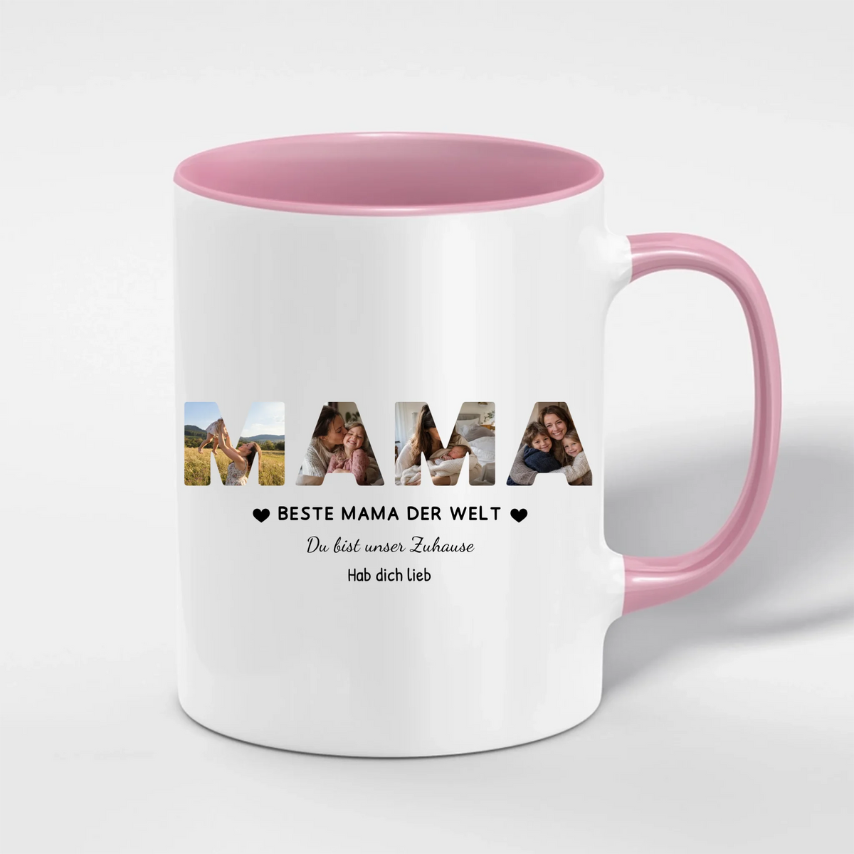 Mama Tasse mit 4 Fotos personalisiert – MAMA Fototasse mit Spruch und Grußzeile – Henkel und Innenseite in Pink