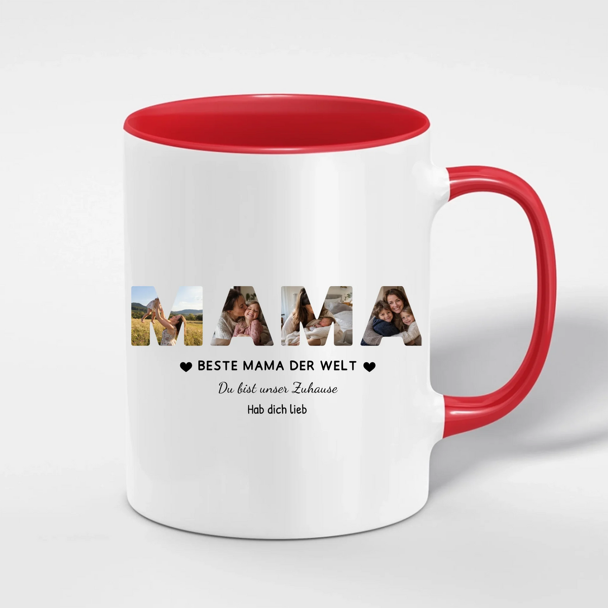 Mama Tasse mit 4 Fotos personalisiert – MAMA Fototasse mit Spruch und Grußzeile – Henkel und Innenseite in Rot