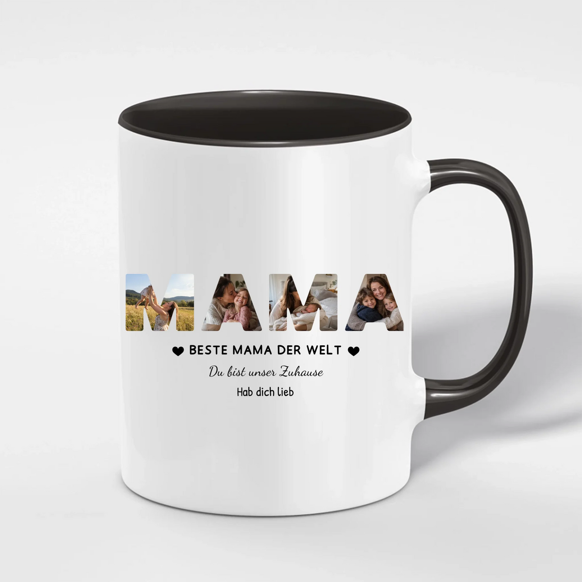 Mama Tasse mit 4 Fotos personalisiert – MAMA Fototasse mit Spruch und Grußzeile – Henkel und Innenseite in Schwarz