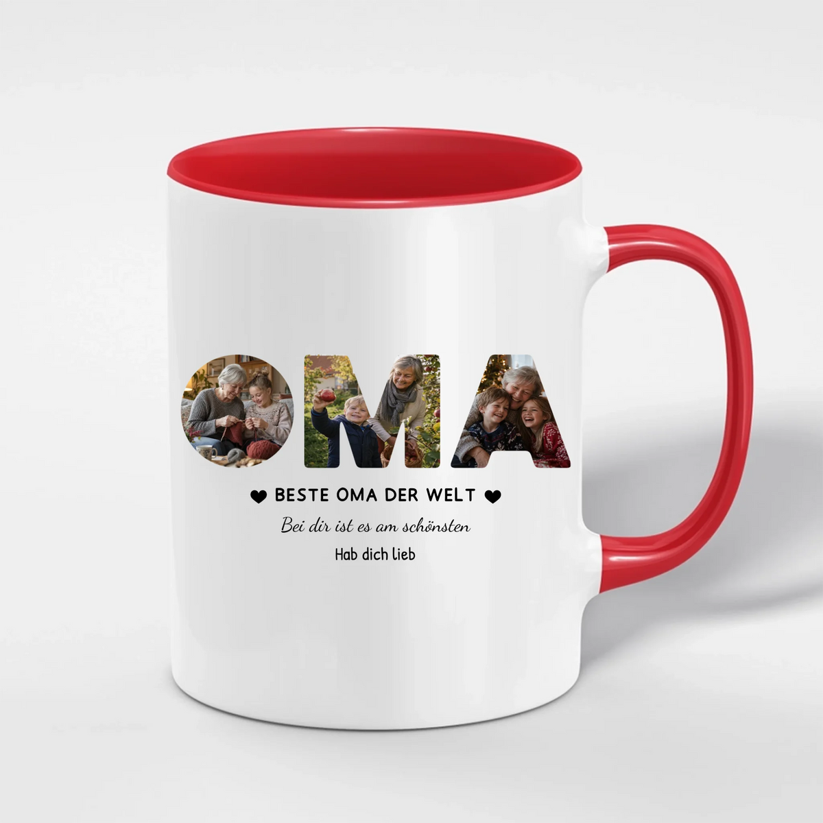 Oma Tasse mit 3 Fotos personalisiert – OMA Fototasse mit Spruch und Grußzeile – Henkel und Innenseite in Rot