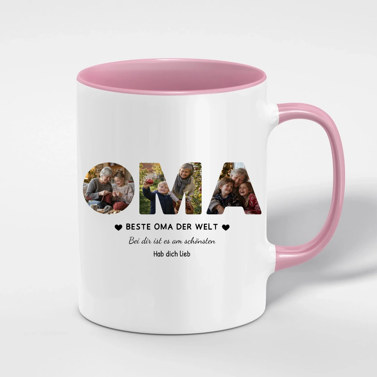 Oma Tasse mit 3 Fotos personalisiert – OMA Fototasse mit Spruch und Grußzeile – Henkel und Innenseite in Pink