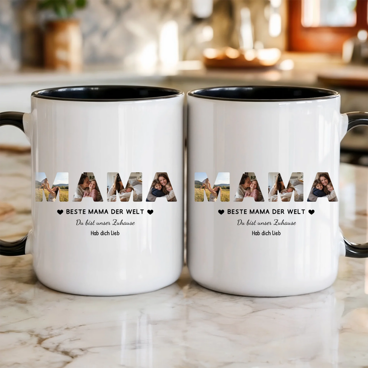 Mama Tasse mit 4 Fotos personalisiert – MAMA Fototasse mit Spruch und Grußzeile – beide Seiten der Tasse in der Küche