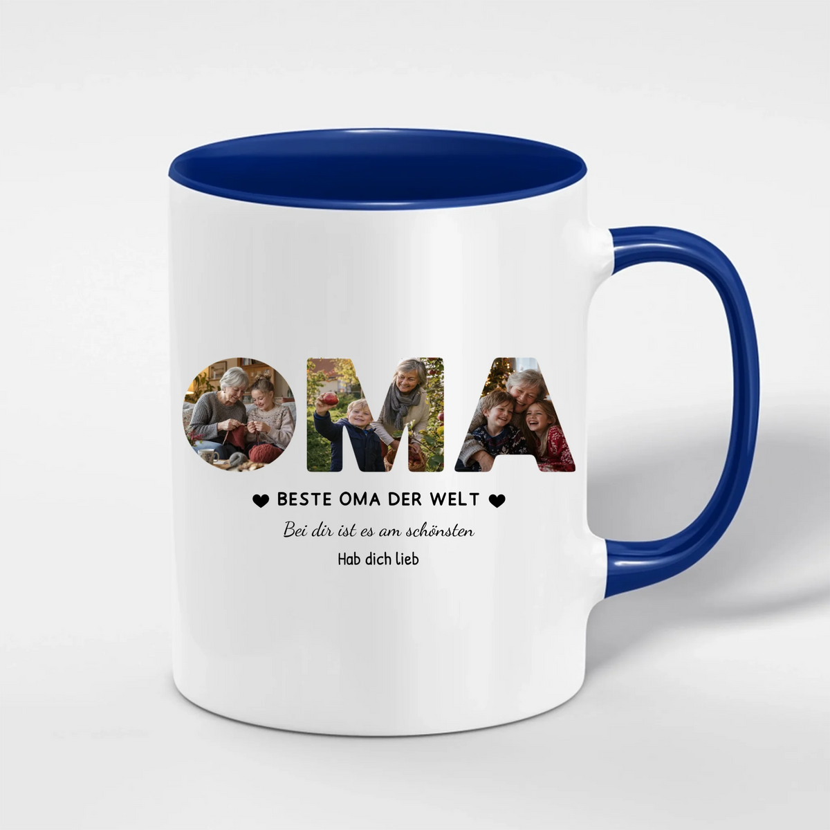 Oma Tasse mit 3 Fotos personalisiert – OMA Fototasse mit Spruch und Grußzeile – Henkel und Innenseite in Blau
