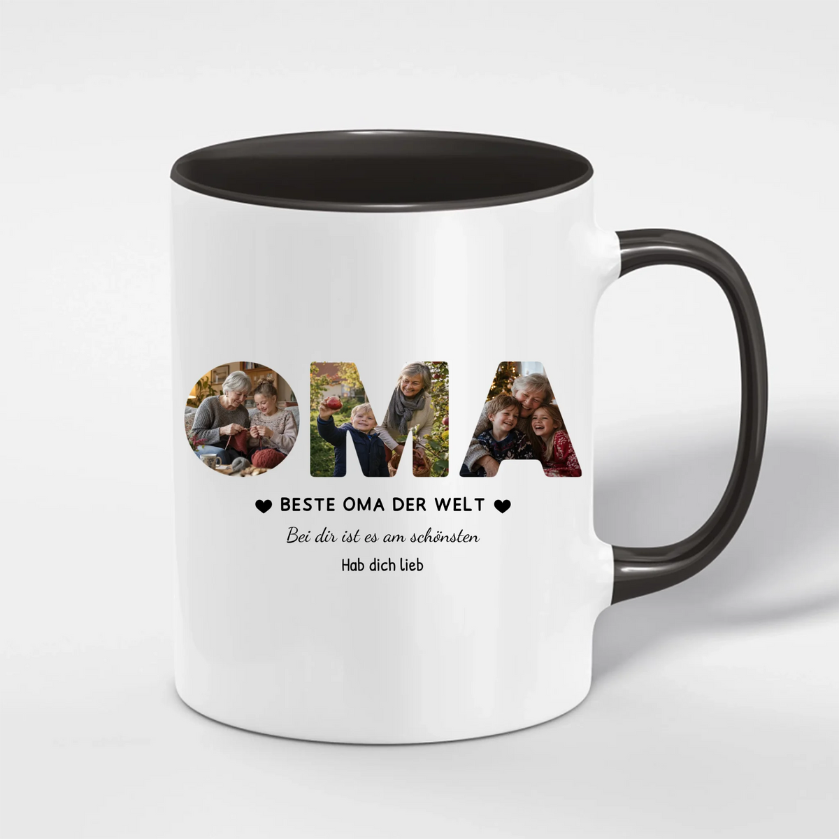 Oma Tasse mit 3 Fotos personalisiert – OMA Fototasse mit Spruch und Grußzeile – Henkel und Innenseite in Schwarz