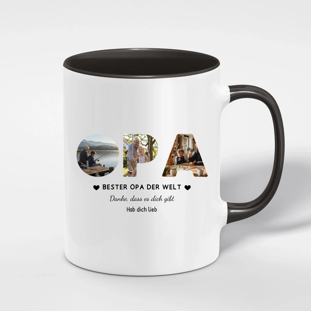 Opa Tasse mit 3 Fotos personalisiert – OPA Fototasse mit Spruch und Grußzeile – Henkel und Innenseite in Schwarz