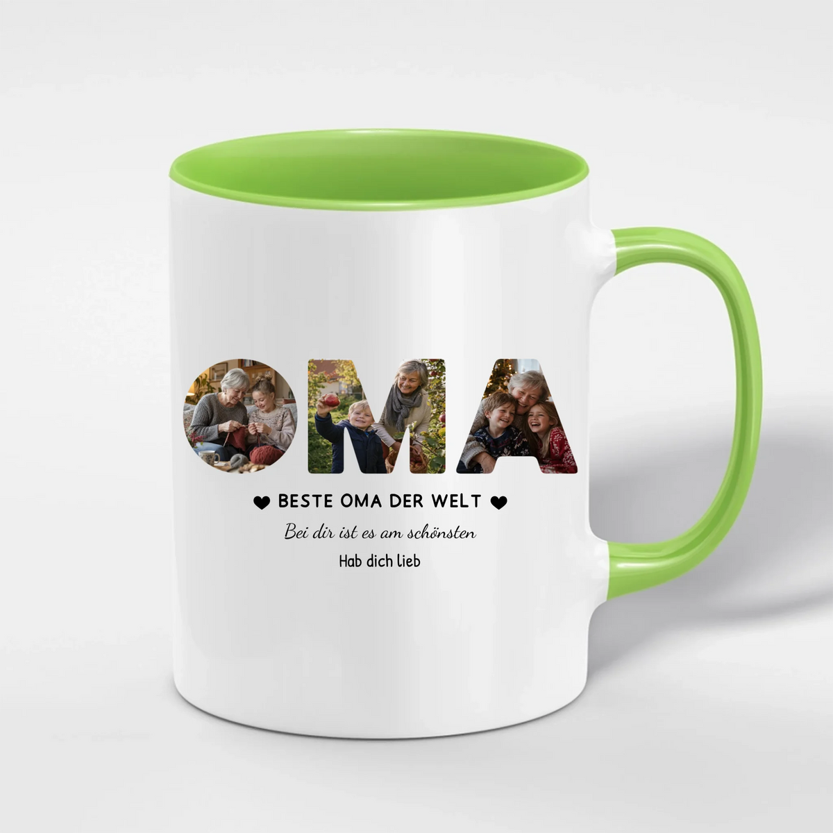 Oma Tasse mit 3 Fotos personalisiert – OMA Fototasse mit Spruch und Grußzeile – Henkel und Innenseite in Grün