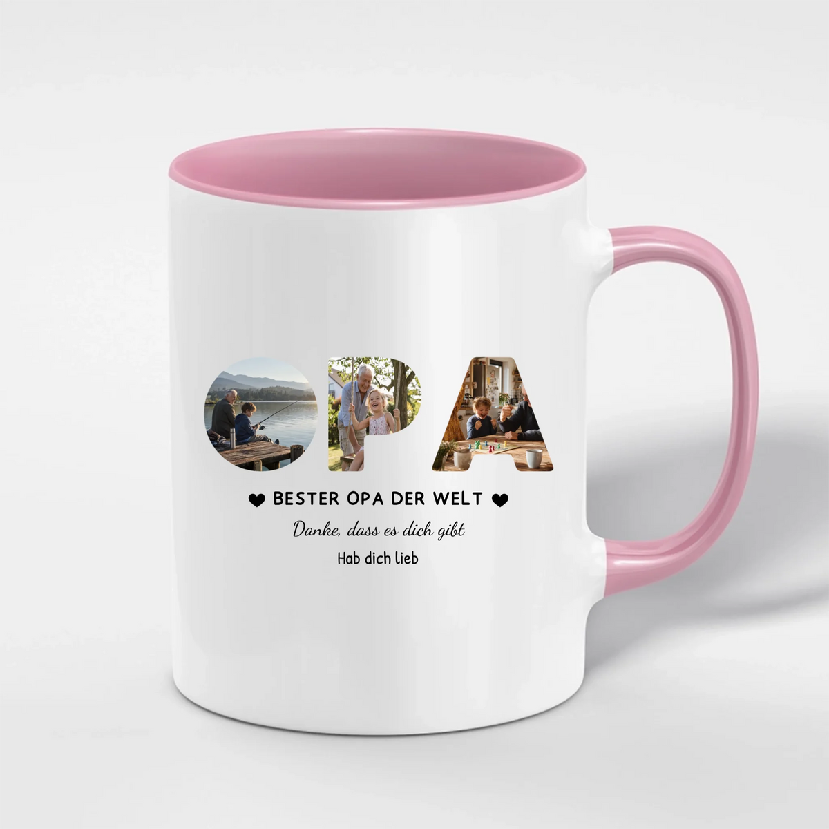 Opa Tasse mit 3 Fotos personalisiert – OPA Fototasse mit Spruch und Grußzeile – Henkel und Innenseite in Pink