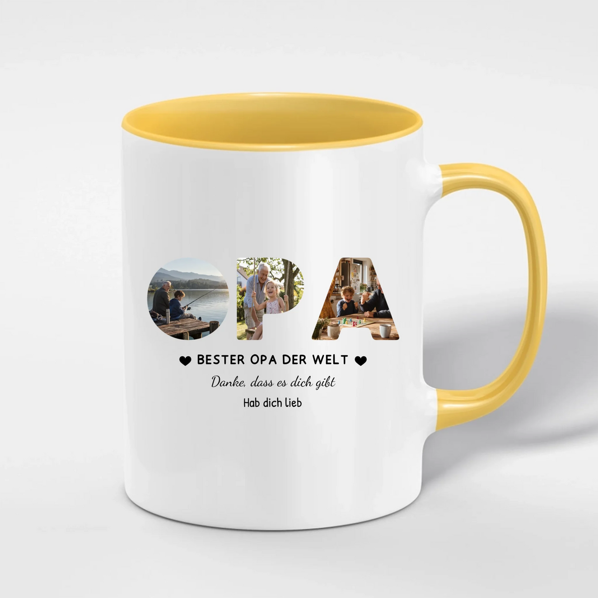 Opa Tasse mit 3 Fotos personalisiert – OPA Fototasse mit Spruch und Grußzeile – Henkel und Innenseite in Gelb