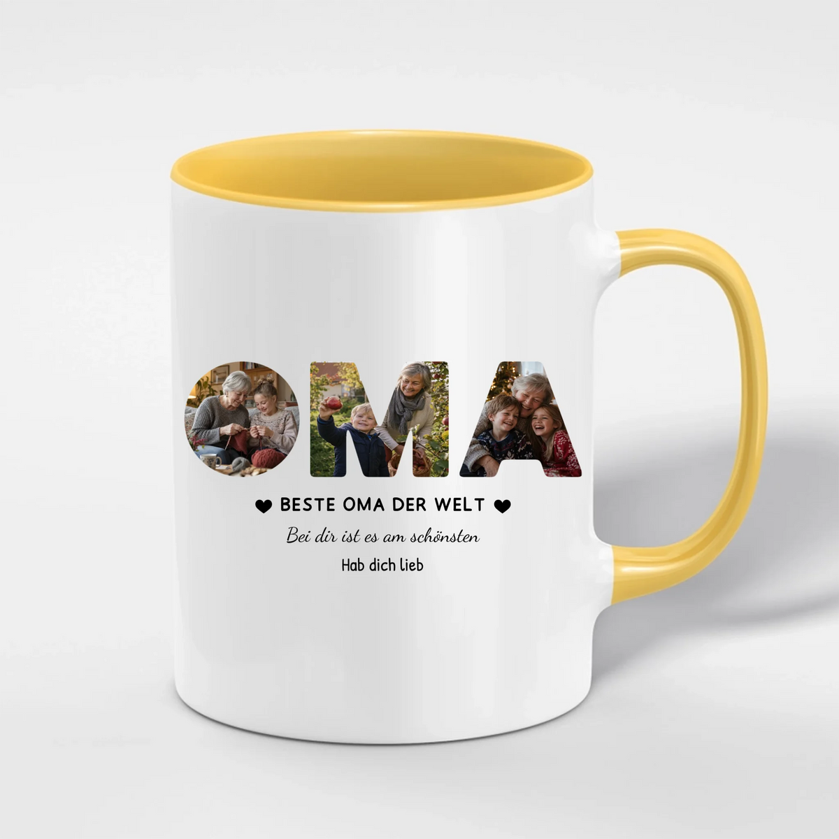 Oma Tasse mit 3 Fotos personalisiert – OMA Fototasse mit Spruch und Grußzeile – Henkel und Innenseite in Gelb