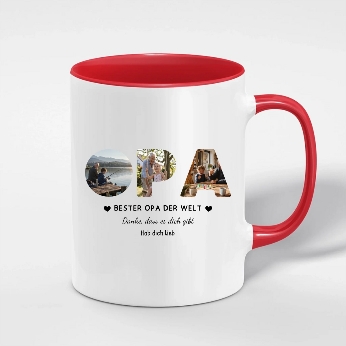 Opa Tasse mit 3 Fotos personalisiert – OPA Fototasse mit Spruch und Grußzeile – Henkel und Innenseite in Rot