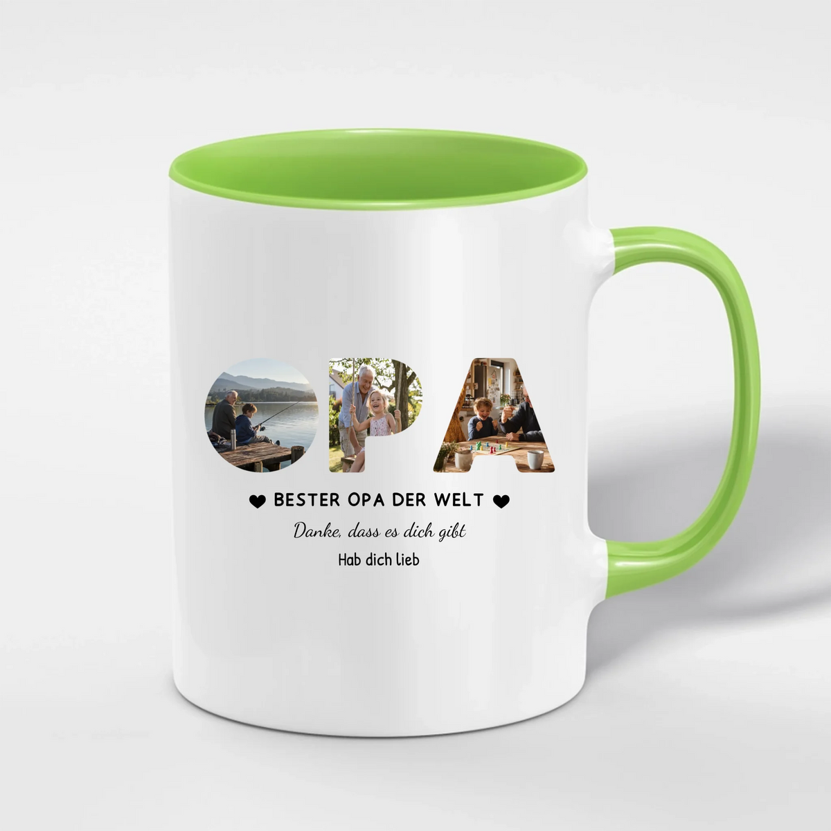 Opa Tasse mit 3 Fotos personalisiert – OPA Fototasse mit Spruch und Grußzeile – Henkel und Innenseite in Grün