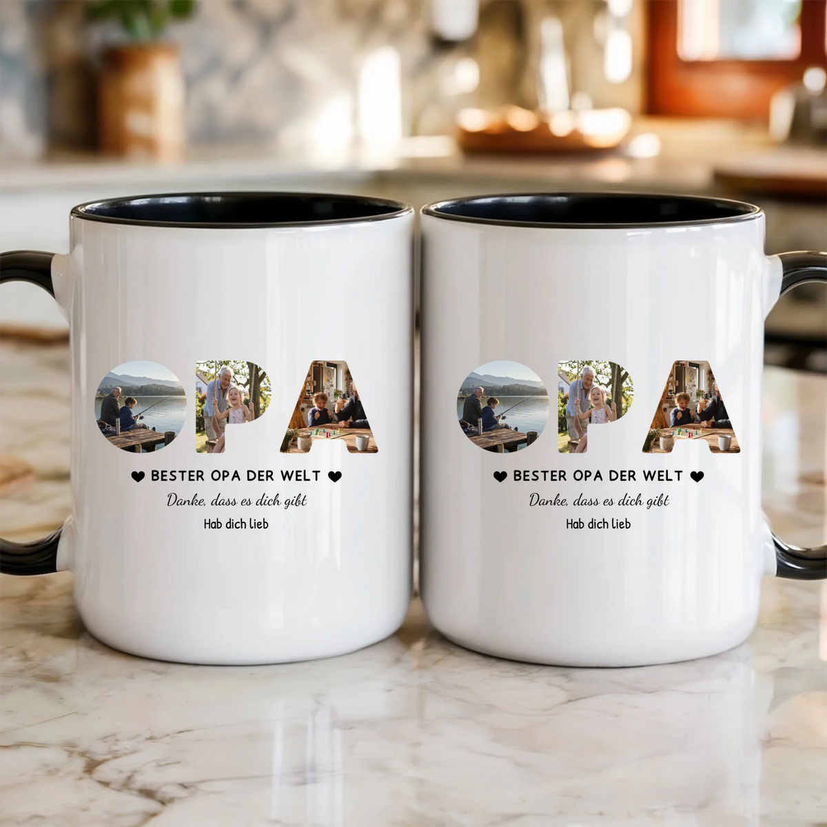 Opa Tasse mit 3 Fotos personalisiert – OPA Fototasse mit Spruch und Grußzeile – beide Seiten der Tasse in der Küche