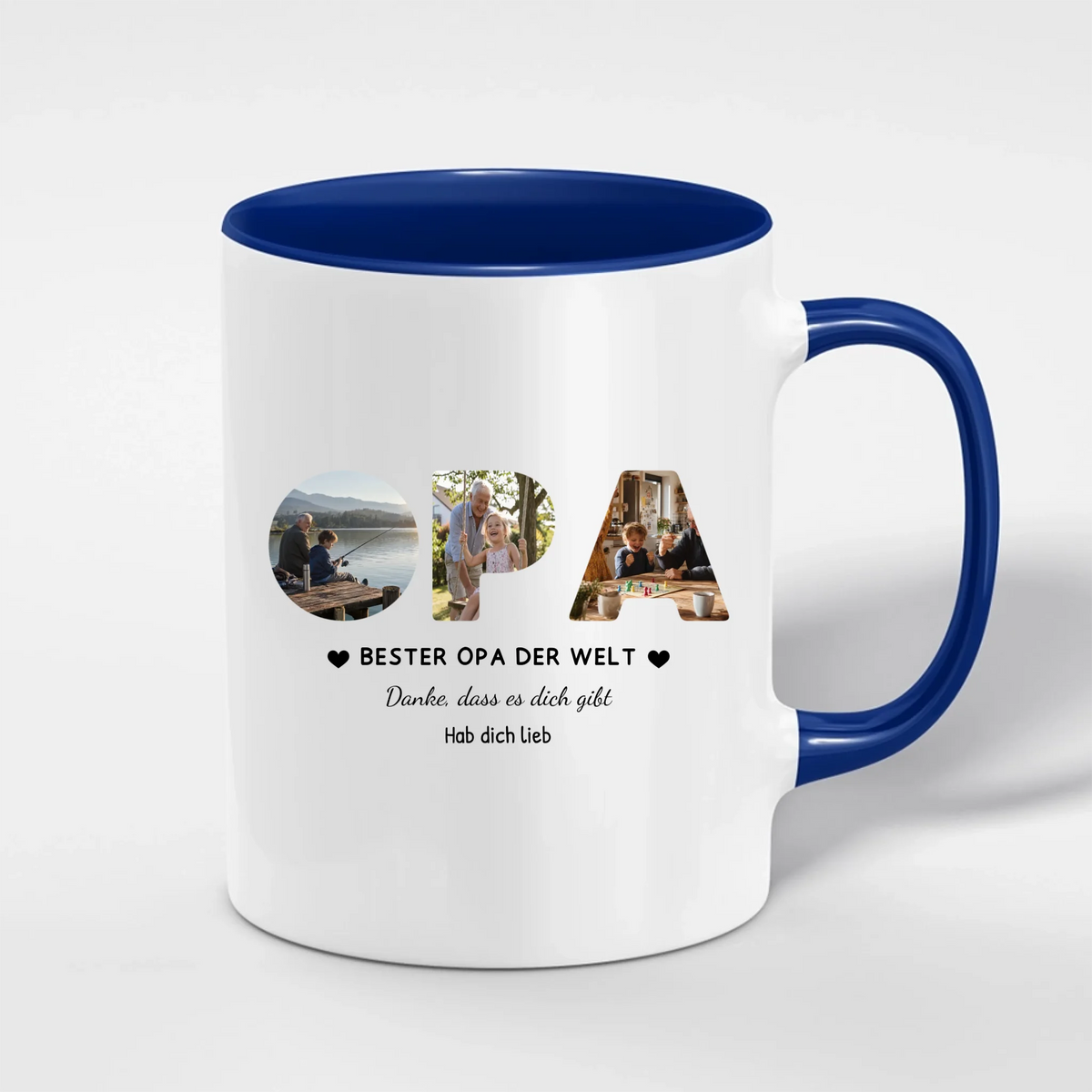 Opa Tasse mit 3 Fotos personalisiert – OPA Fototasse mit Spruch und Grußzeile – Henkel und Innenseite in Blau