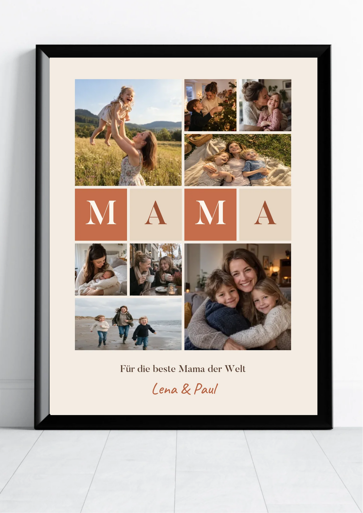 Fotocollage Poster Mama mit 8 Fotos, Buchstaben-Kacheln und Namen in der Nahansicht
